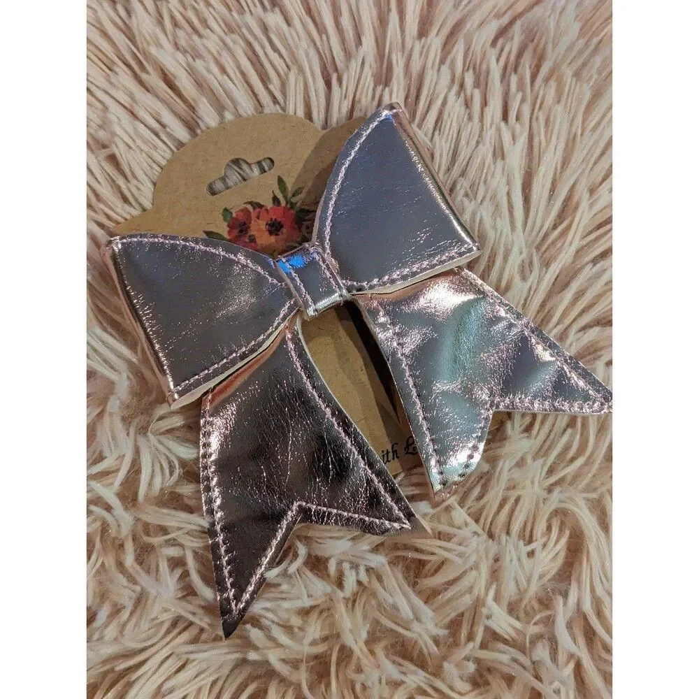 Shimmery pink vinyl handmade hair bow barrette brand new clip